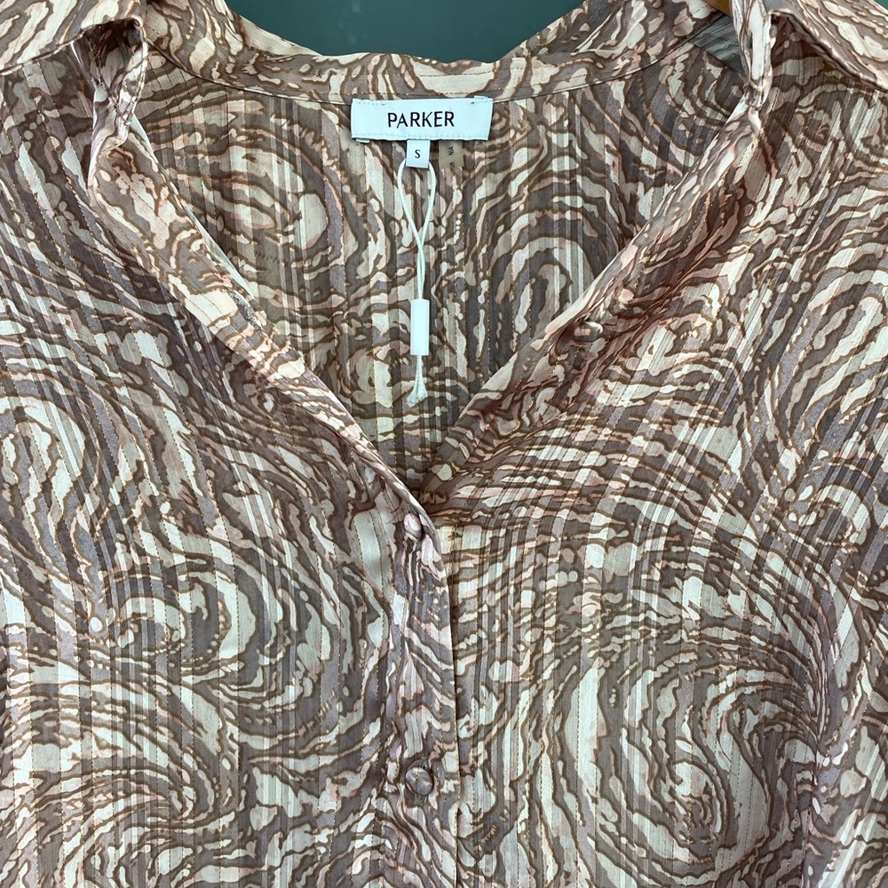 New Parker Sheer Abstract Swirl Button Down Blouse Size Small Metallic Gold - Picture 6 of 6